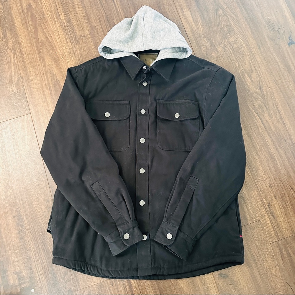 Men’s size large warm black denim Jacket removable hoody